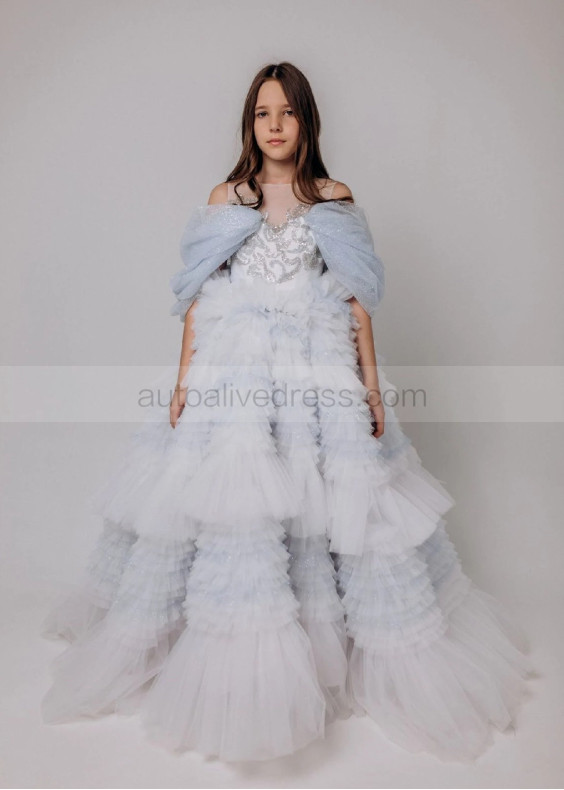 Blue Glitter Tulle Ruffled Flower Girl Dress Blue Glitter Tulle Ruffled Flower Girl Dress